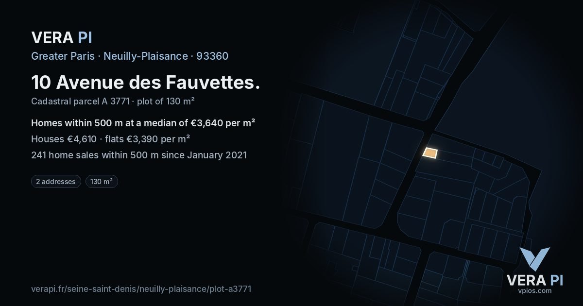 10 Avenue des Fauvettes, Neuilly-Plaisance at night – the plot lit, the parcels around coloured by the prices near them