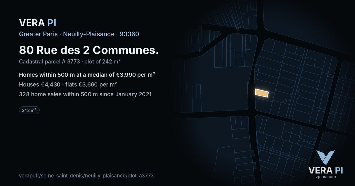 80 Rue des 2 Communes, Neuilly-Plaisance at night – the plot lit, the parcels around coloured by the prices near them