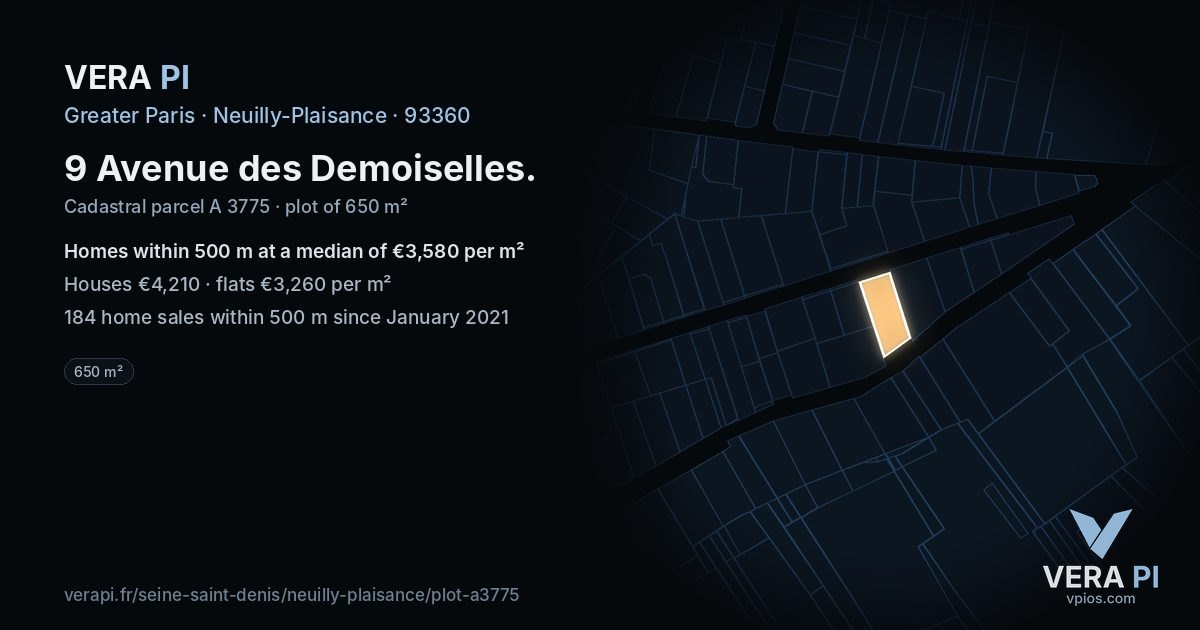 9 Avenue des Demoiselles, Neuilly-Plaisance at night – the plot lit, the parcels around coloured by the prices near them