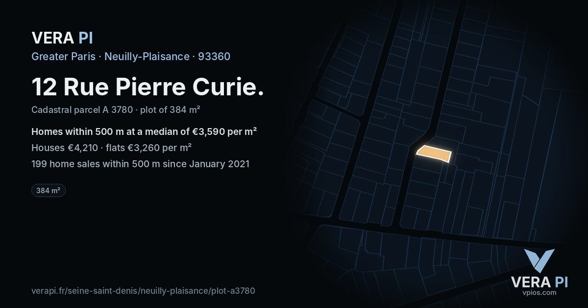 12 Rue Pierre Curie, Neuilly-Plaisance at night – the plot lit, the parcels around coloured by the prices near them