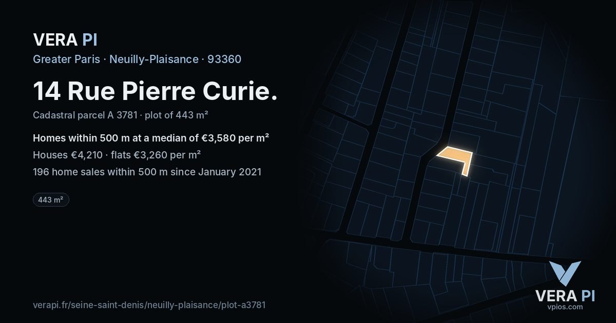 14 Rue Pierre Curie, Neuilly-Plaisance at night – the plot lit, the parcels around coloured by the prices near them