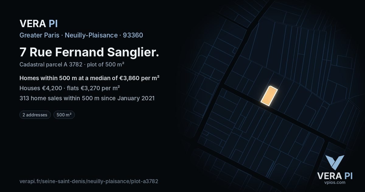7 Rue Fernand Sanglier, Neuilly-Plaisance at night – the plot lit, the parcels around coloured by the prices near them