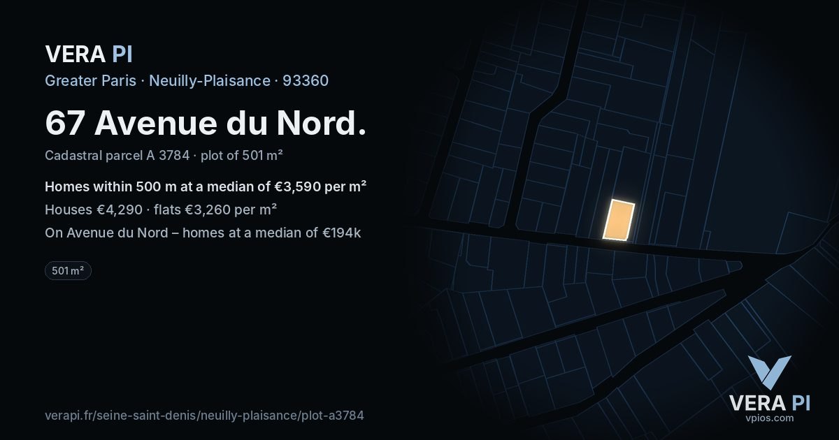 67 Avenue du Nord, Neuilly-Plaisance at night – the plot lit, the parcels around coloured by the prices near them