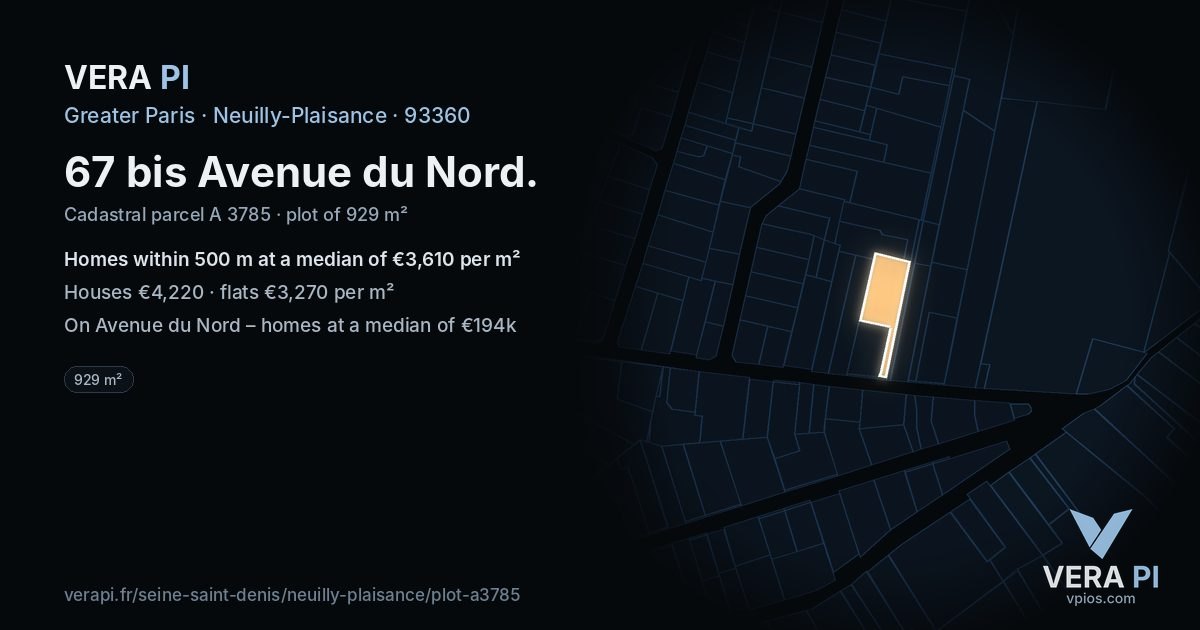 67 bis Avenue du Nord, Neuilly-Plaisance at night – the plot lit, the parcels around coloured by the prices near them