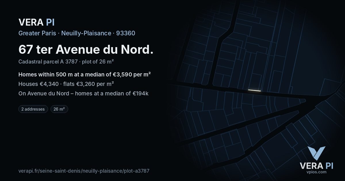 67 ter Avenue du Nord, Neuilly-Plaisance at night – the plot lit, the parcels around coloured by the prices near them
