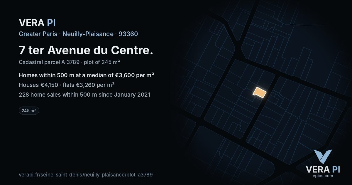 7 ter Avenue du Centre, Neuilly-Plaisance at night – the plot lit, the parcels around coloured by the prices near them