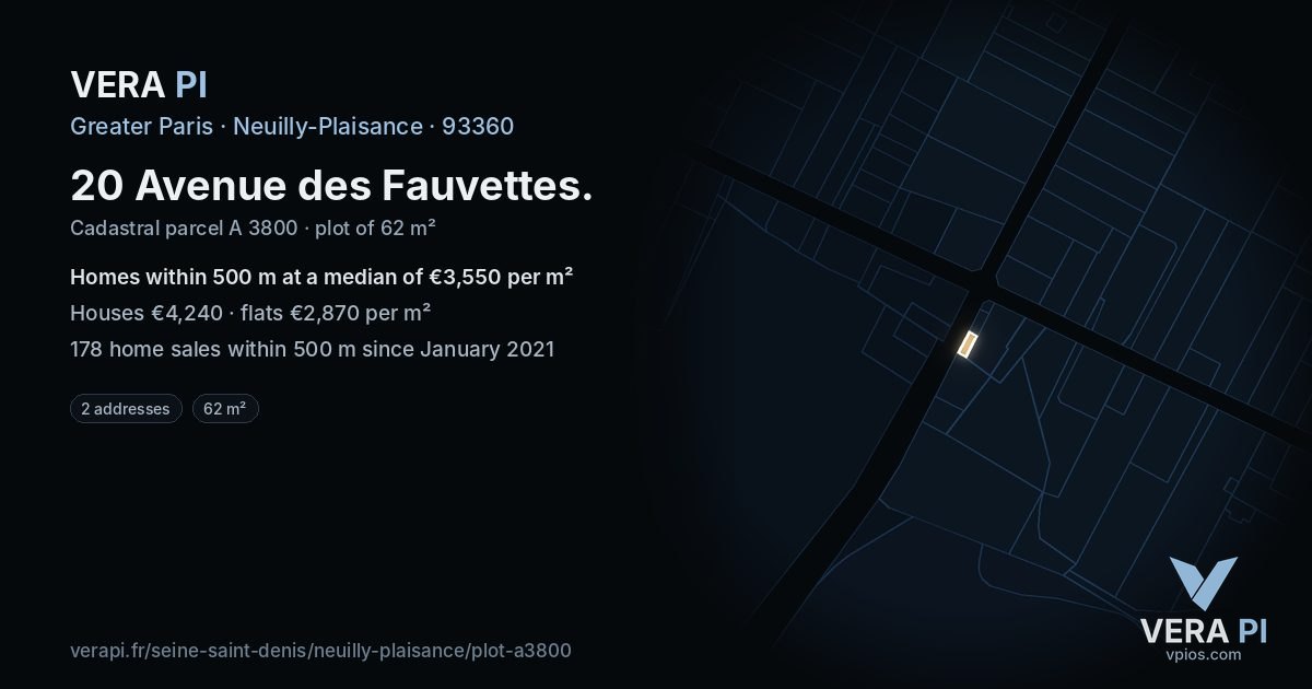 20 Avenue des Fauvettes, Neuilly-Plaisance at night – the plot lit, the parcels around coloured by the prices near them