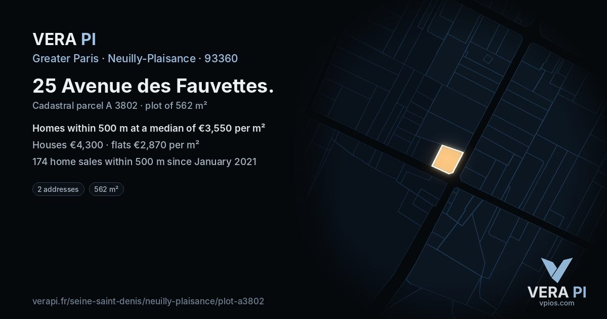 25 Avenue des Fauvettes, Neuilly-Plaisance at night – the plot lit, the parcels around coloured by the prices near them