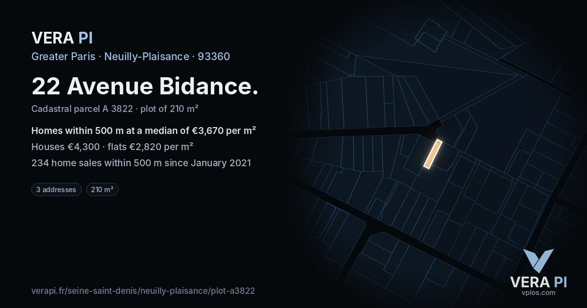 22 Avenue Bidance, Neuilly-Plaisance at night – the plot lit, the parcels around coloured by the prices near them