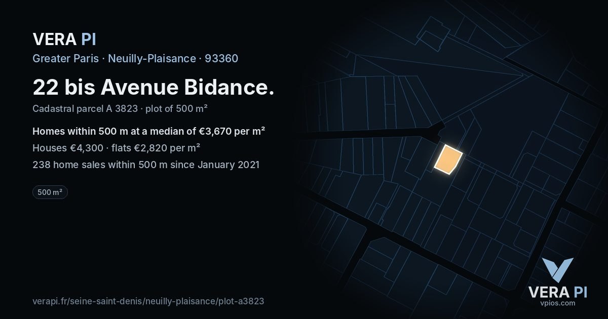 22 bis Avenue Bidance, Neuilly-Plaisance at night – the plot lit, the parcels around coloured by the prices near them