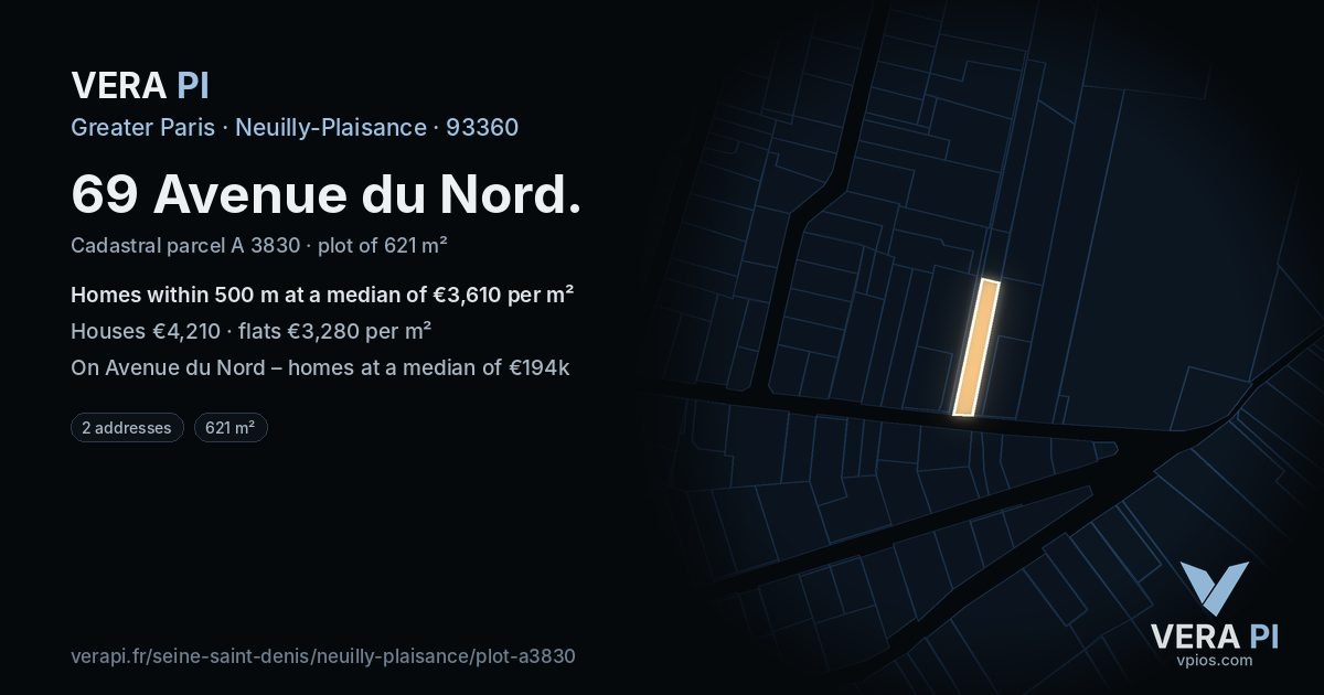 69 Avenue du Nord, Neuilly-Plaisance at night – the plot lit, the parcels around coloured by the prices near them