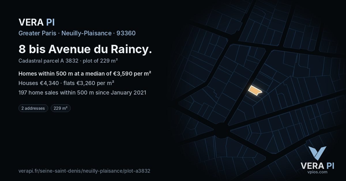 8 bis Avenue du Raincy, Neuilly-Plaisance at night – the plot lit, the parcels around coloured by the prices near them