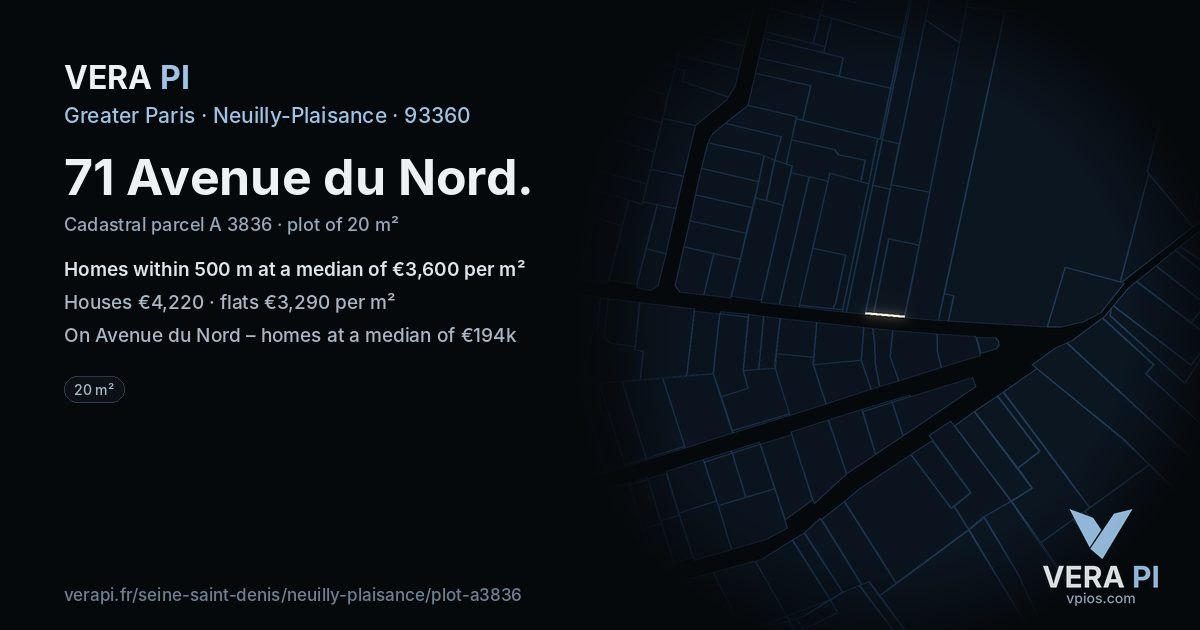 71 Avenue du Nord, Neuilly-Plaisance at night – the plot lit, the parcels around coloured by the prices near them