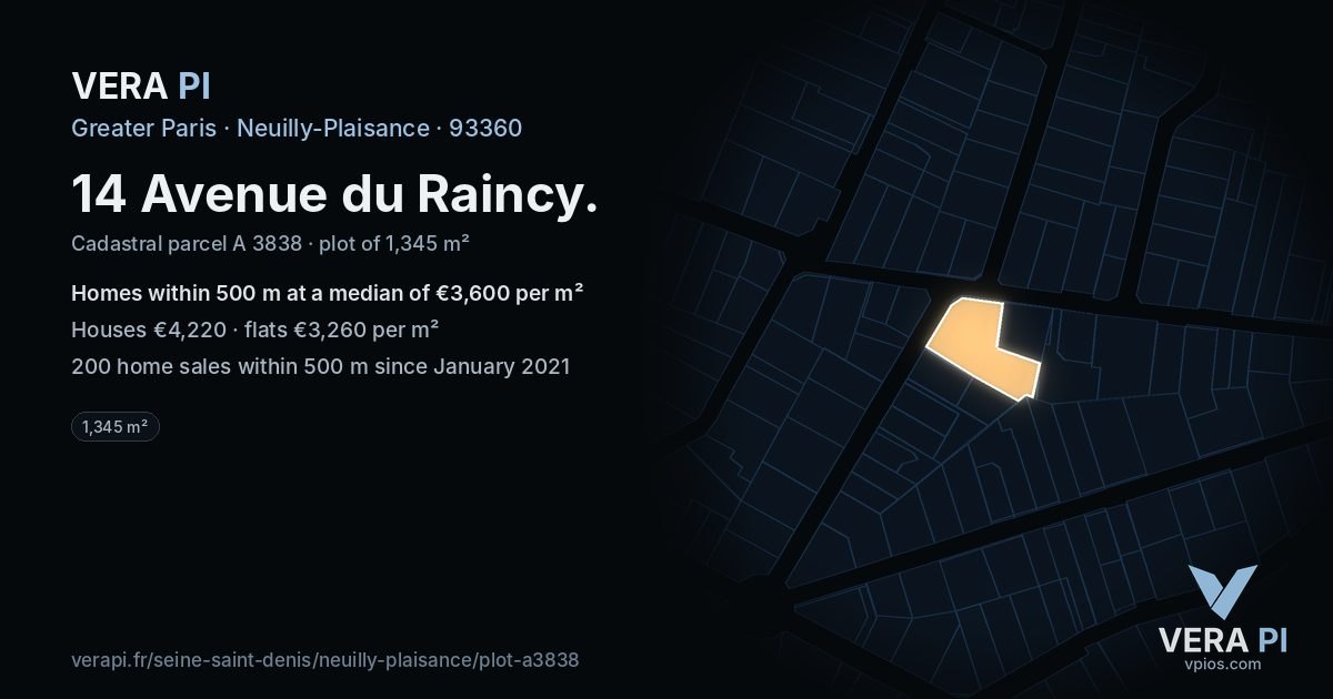 14 Avenue du Raincy, Neuilly-Plaisance at night – the plot lit, the parcels around coloured by the prices near them