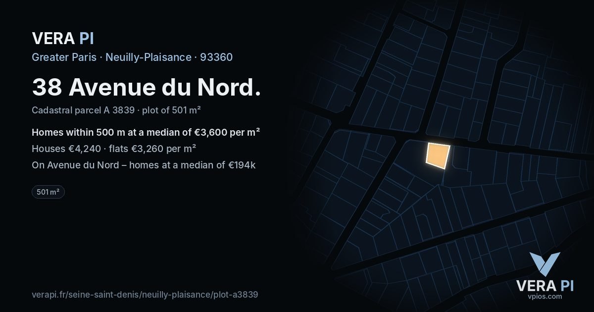 38 Avenue du Nord, Neuilly-Plaisance at night – the plot lit, the parcels around coloured by the prices near them