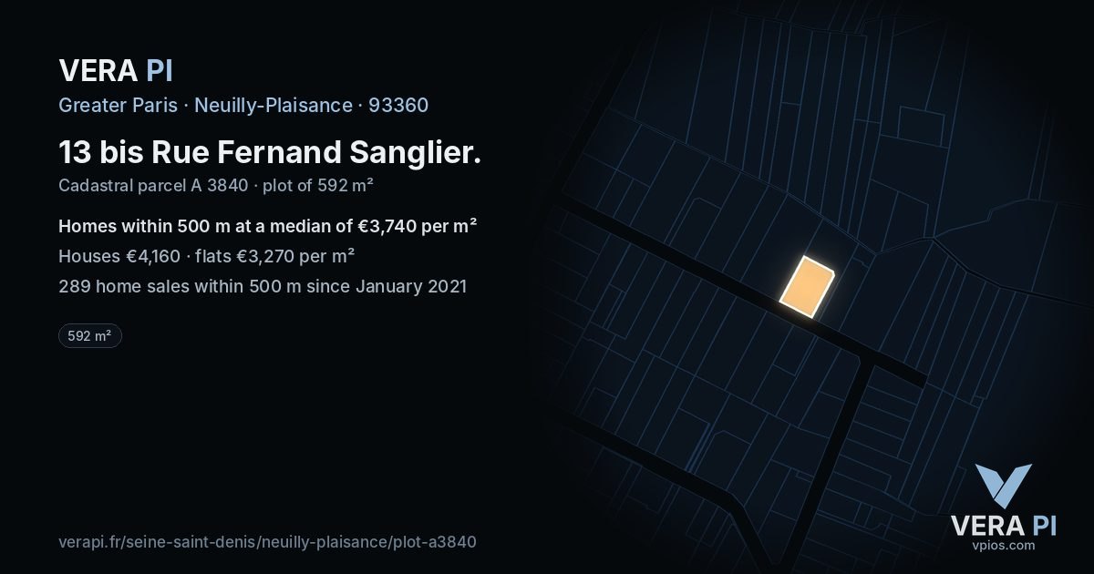 13 bis Rue Fernand Sanglier, Neuilly-Plaisance at night – the plot lit, the parcels around coloured by the prices near them