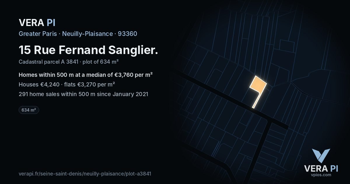15 Rue Fernand Sanglier, Neuilly-Plaisance at night – the plot lit, the parcels around coloured by the prices near them