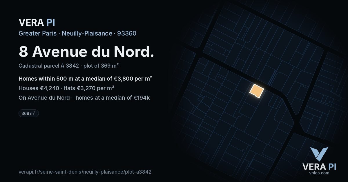 8 Avenue du Nord, Neuilly-Plaisance at night – the plot lit, the parcels around coloured by the prices near them