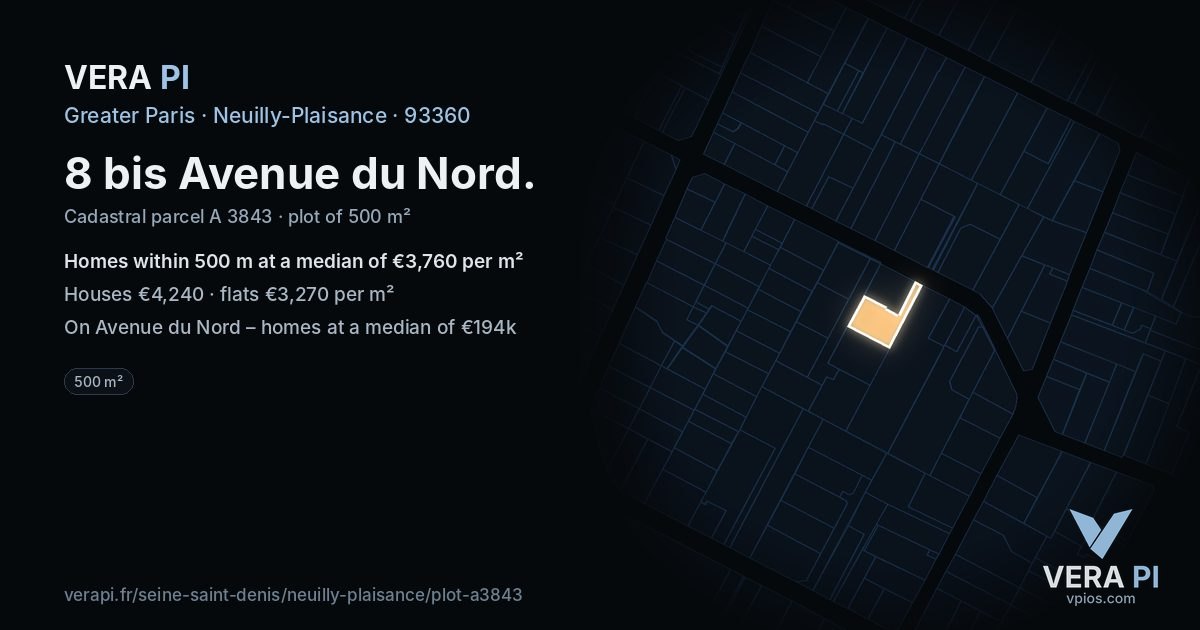 8 bis Avenue du Nord, Neuilly-Plaisance at night – the plot lit, the parcels around coloured by the prices near them