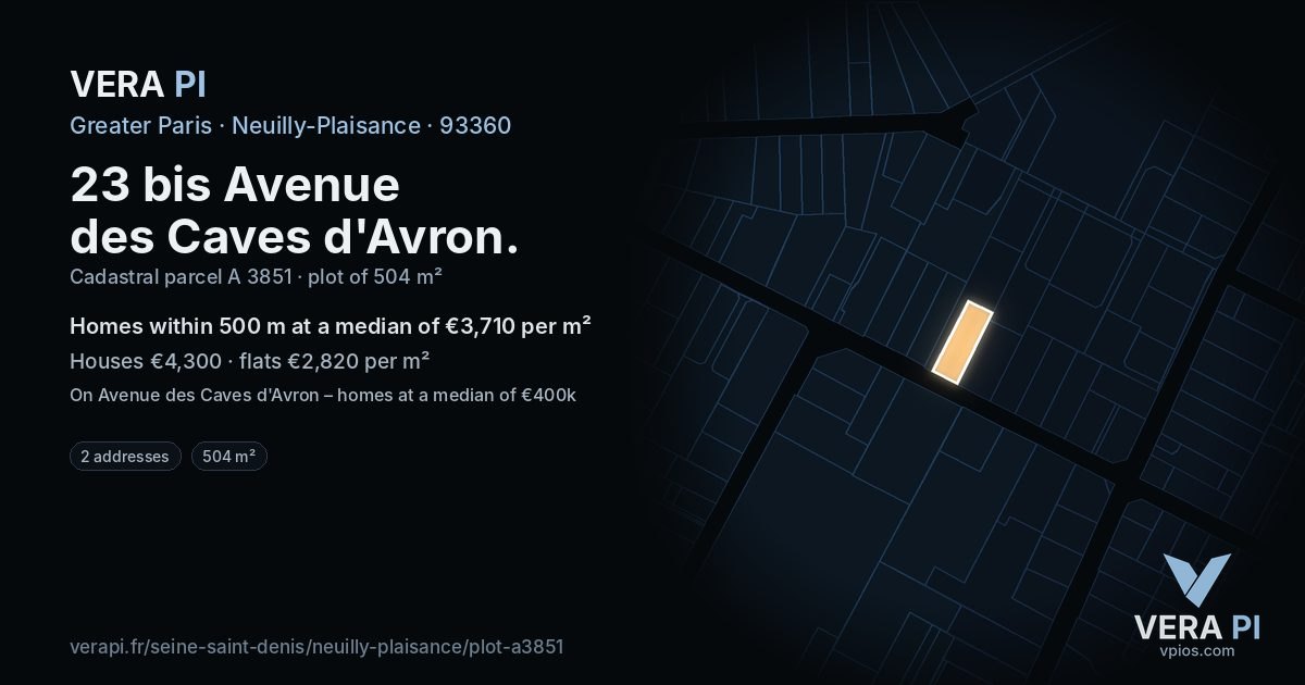 23 bis Avenue des Caves d'Avron, Neuilly-Plaisance at night – the plot lit, the parcels around coloured by the prices near them