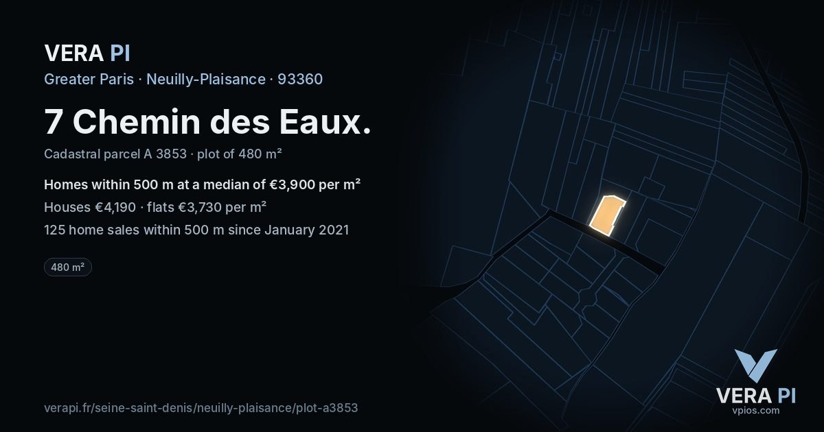 7 Chemin des Eaux, Neuilly-Plaisance at night – the plot lit, the parcels around coloured by the prices near them