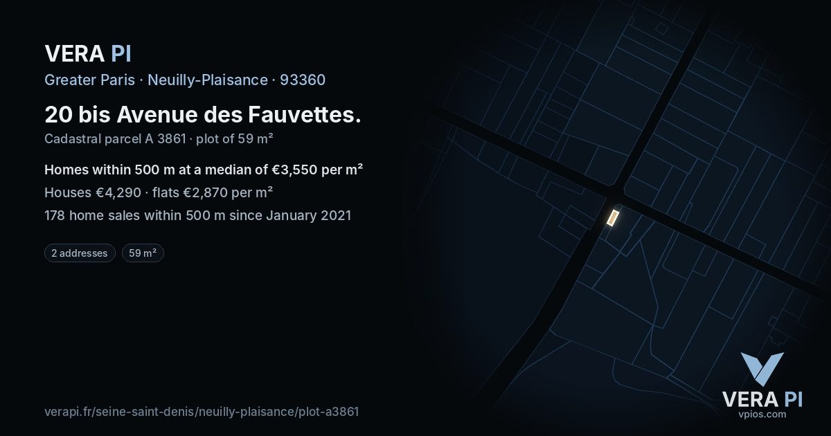 20 bis Avenue des Fauvettes, Neuilly-Plaisance at night – the plot lit, the parcels around coloured by the prices near them
