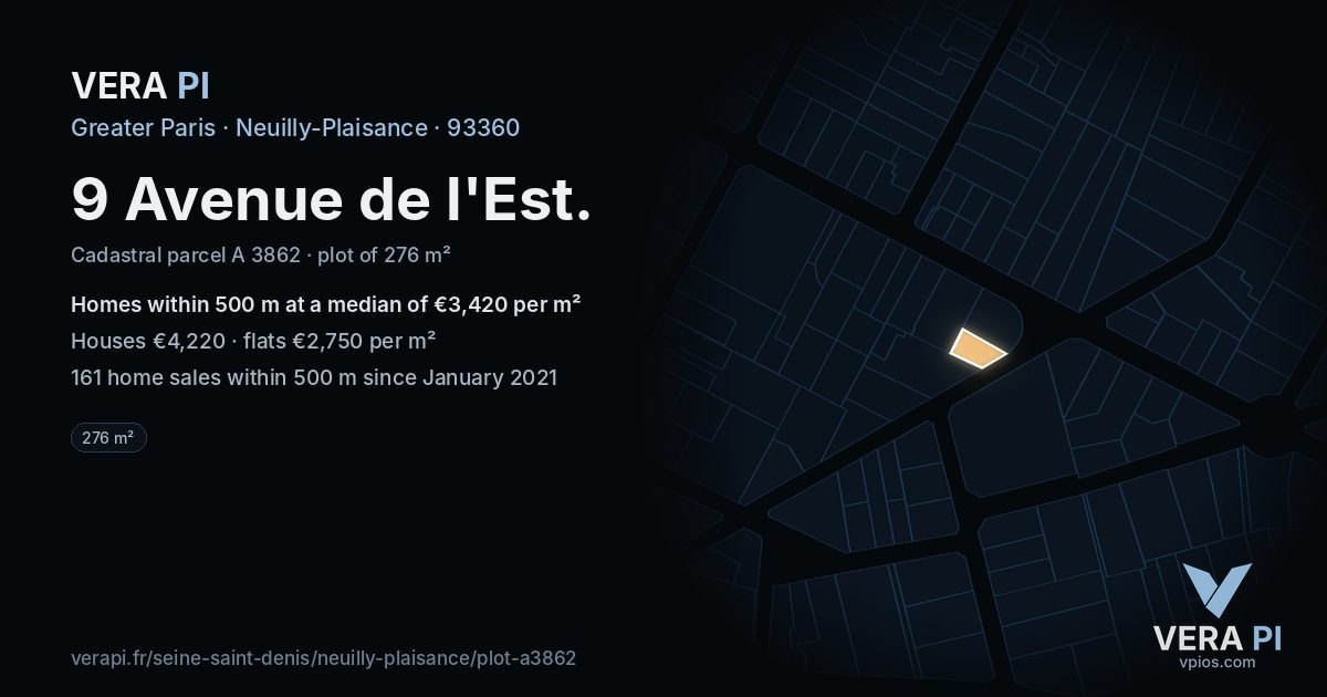 9 Avenue de l'Est, Neuilly-Plaisance at night – the plot lit, the parcels around coloured by the prices near them