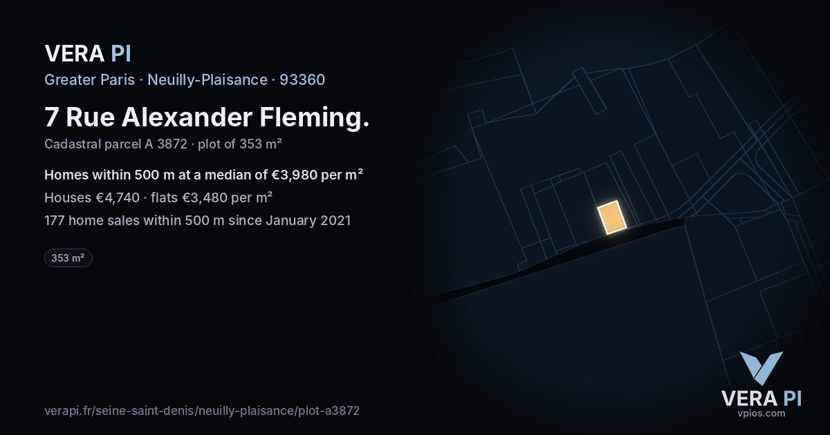 7 Rue Alexander Fleming, Neuilly-Plaisance at night – the plot lit, the parcels around coloured by the prices near them