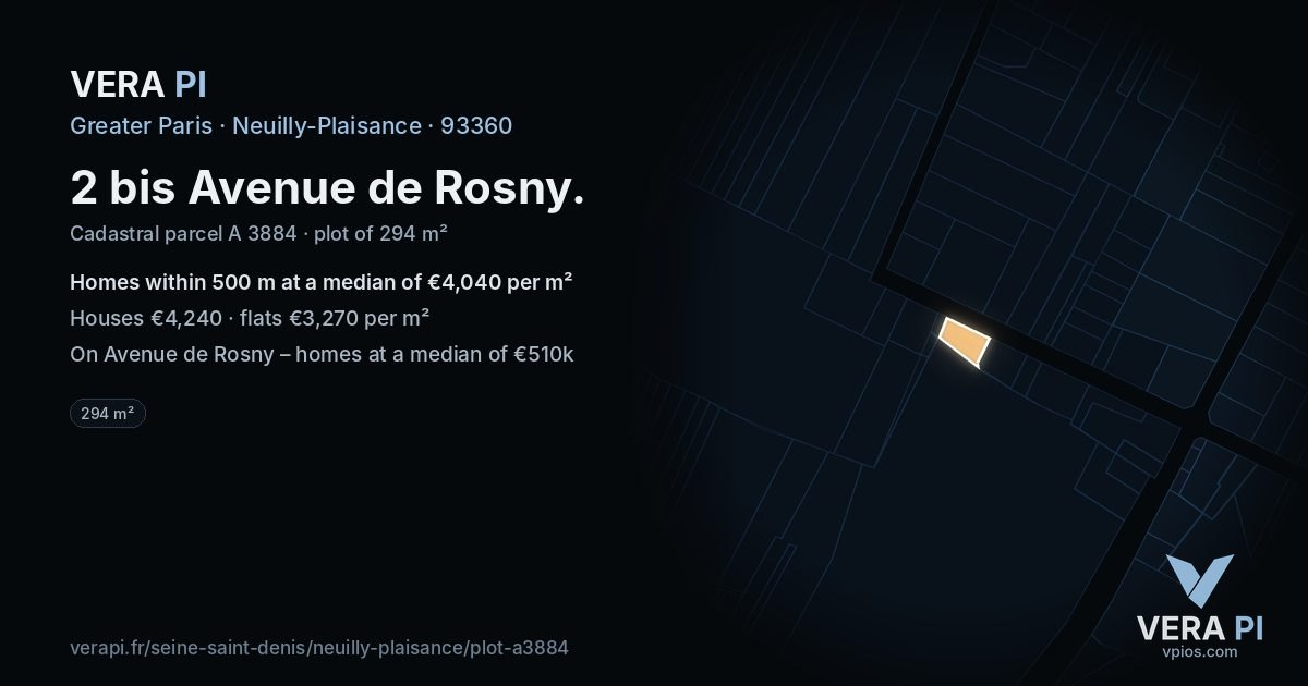 2 bis Avenue de Rosny, Neuilly-Plaisance at night – the plot lit, the parcels around coloured by the prices near them