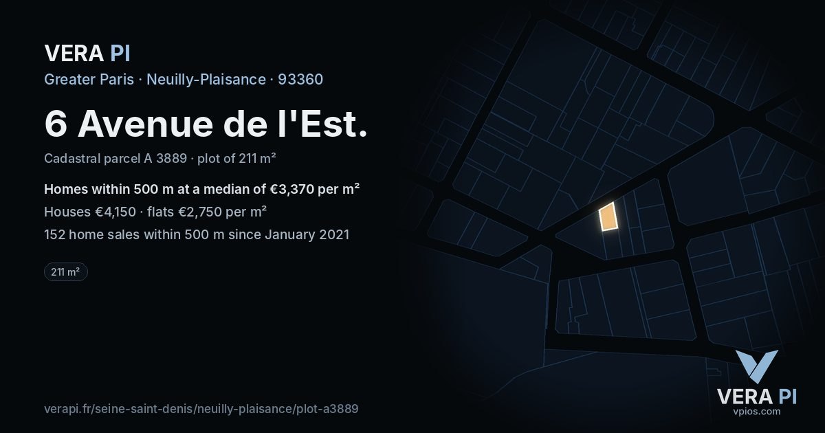 6 Avenue de l'Est, Neuilly-Plaisance at night – the plot lit, the parcels around coloured by the prices near them