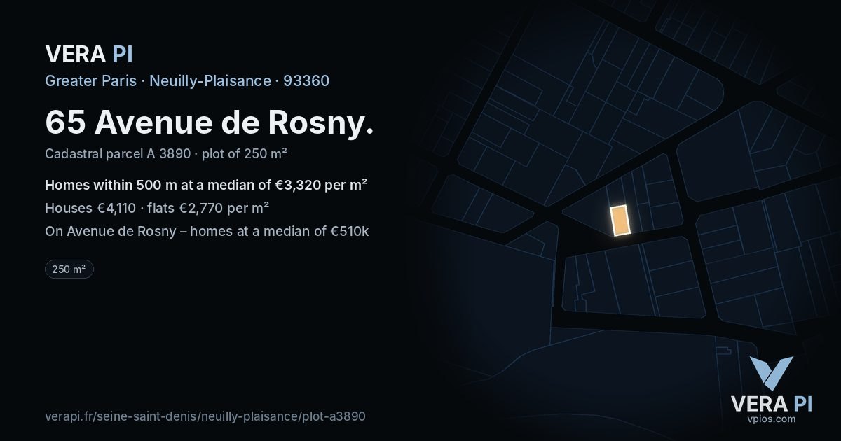 65 Avenue de Rosny, Neuilly-Plaisance at night – the plot lit, the parcels around coloured by the prices near them