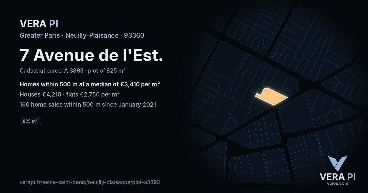 7 Avenue de l'Est, Neuilly-Plaisance at night – the plot lit, the parcels around coloured by the prices near them
