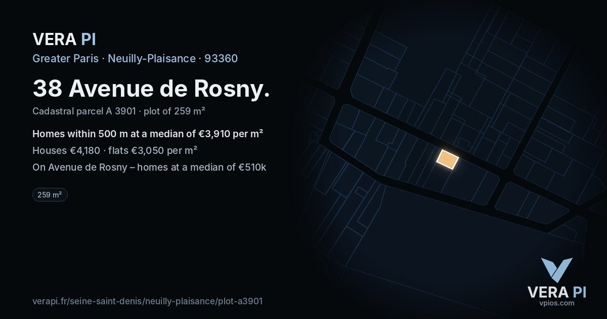 38 Avenue de Rosny, Neuilly-Plaisance at night – the plot lit, the parcels around coloured by the prices near them