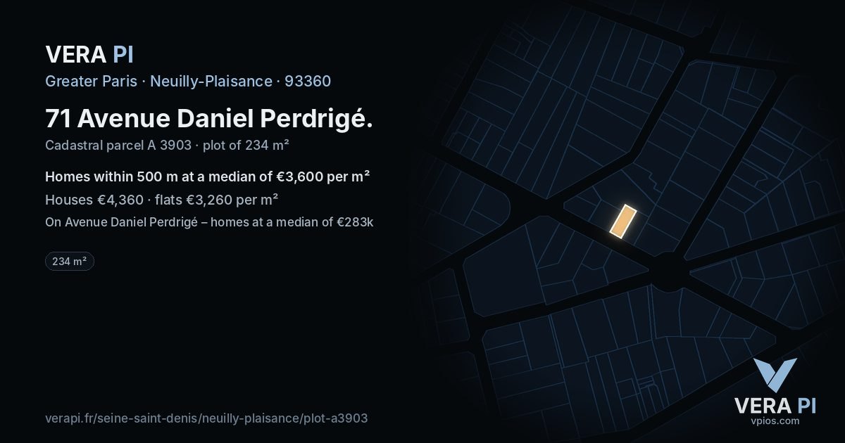 71 Avenue Daniel Perdrigé, Neuilly-Plaisance at night – the plot lit, the parcels around coloured by the prices near them