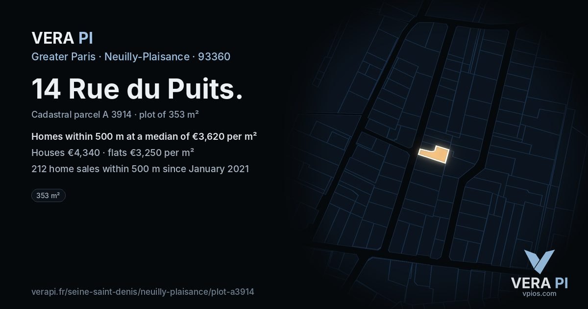 14 Rue du Puits, Neuilly-Plaisance at night – the plot lit, the parcels around coloured by the prices near them