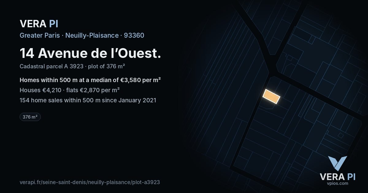 14 Avenue de l’Ouest, Neuilly-Plaisance at night – the plot lit, the parcels around coloured by the prices near them