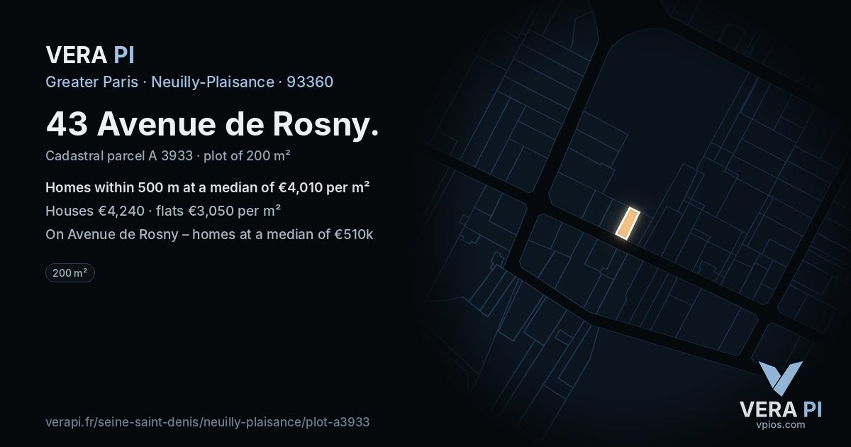 43 Avenue de Rosny, Neuilly-Plaisance at night – the plot lit, the parcels around coloured by the prices near them
