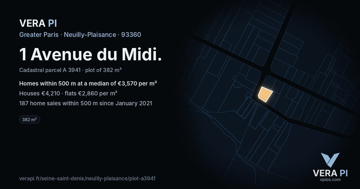 1 Avenue du Midi, Neuilly-Plaisance at night – the plot lit, the parcels around coloured by the prices near them