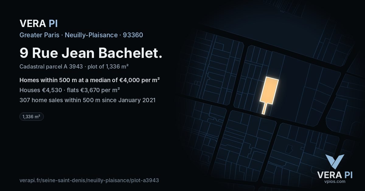 9 Rue Jean Bachelet, Neuilly-Plaisance at night – the plot lit, the parcels around coloured by the prices near them