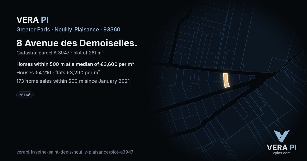 8 Avenue des Demoiselles, Neuilly-Plaisance at night – the plot lit, the parcels around coloured by the prices near them