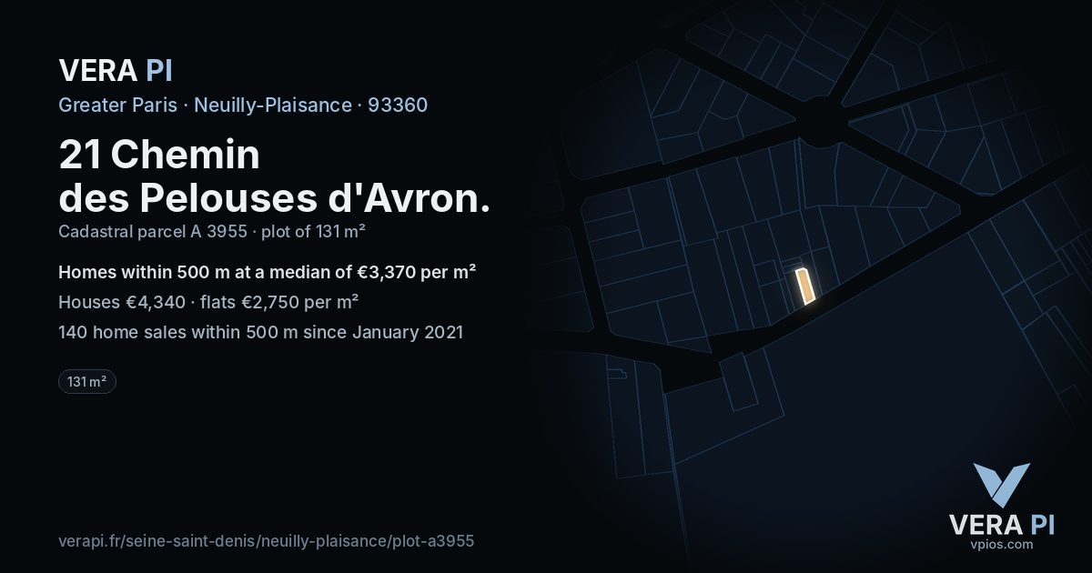 21 Chemin des Pelouses d'Avron, Neuilly-Plaisance at night – the plot lit, the parcels around coloured by the prices near them