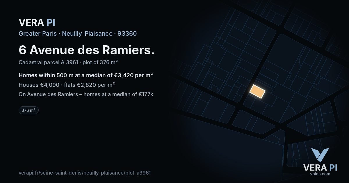 6 Avenue des Ramiers, Neuilly-Plaisance at night – the plot lit, the parcels around coloured by the prices near them