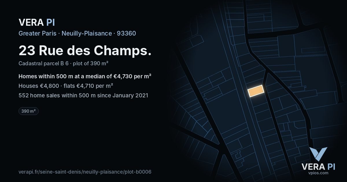 23 Rue des Champs, Neuilly-Plaisance at night – the plot lit, the parcels around coloured by the prices near them