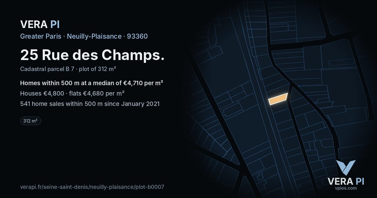 25 Rue des Champs, Neuilly-Plaisance at night – the plot lit, the parcels around coloured by the prices near them