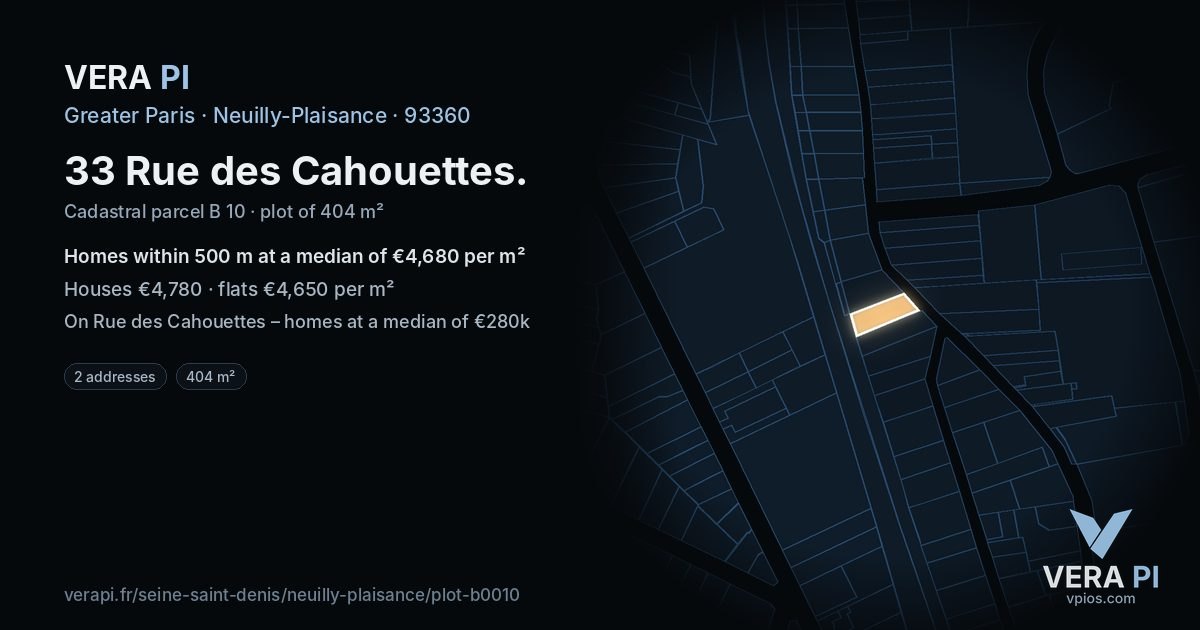 33 Rue des Cahouettes, Neuilly-Plaisance at night – the plot lit, the parcels around coloured by the prices near them