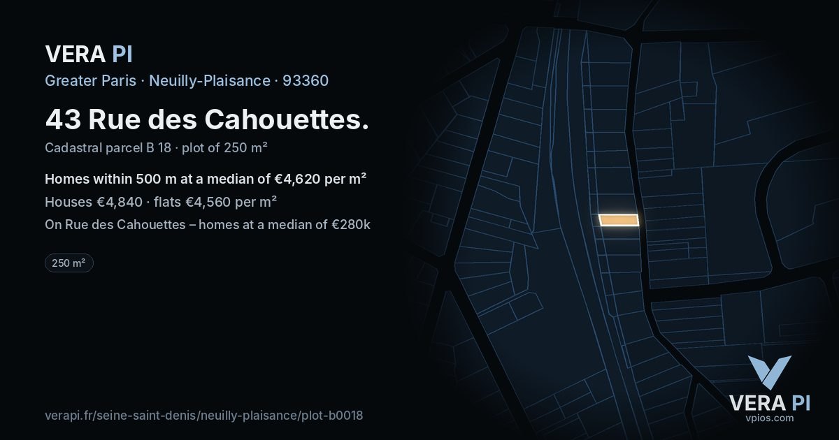 43 Rue des Cahouettes, Neuilly-Plaisance at night – the plot lit, the parcels around coloured by the prices near them