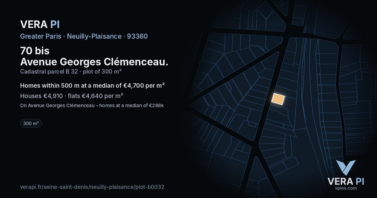 70 bis Avenue Georges Clémenceau, Neuilly-Plaisance at night – the plot lit, the parcels around coloured by the prices near them