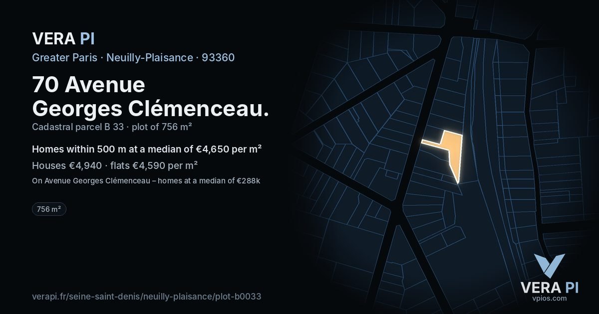 70 Avenue Georges Clémenceau, Neuilly-Plaisance at night – the plot lit, the parcels around coloured by the prices near them