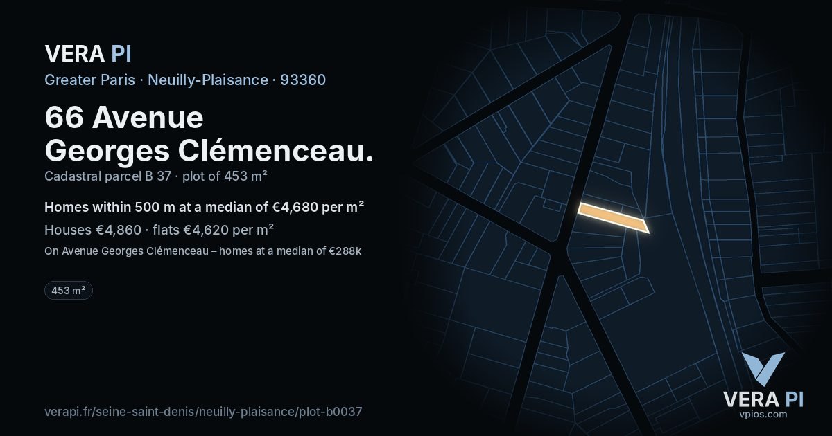 66 Avenue Georges Clémenceau, Neuilly-Plaisance at night – the plot lit, the parcels around coloured by the prices near them