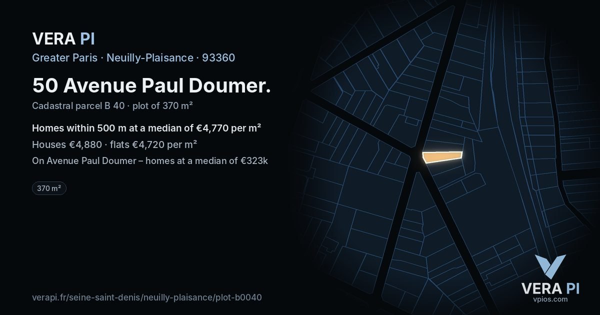 50 Avenue Paul Doumer, Neuilly-Plaisance at night – the plot lit, the parcels around coloured by the prices near them